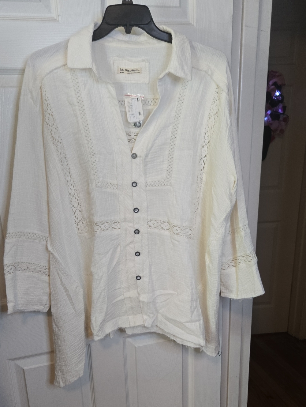 Free People Ivory Crochet-Trim Button Down Blouse Very Oversized